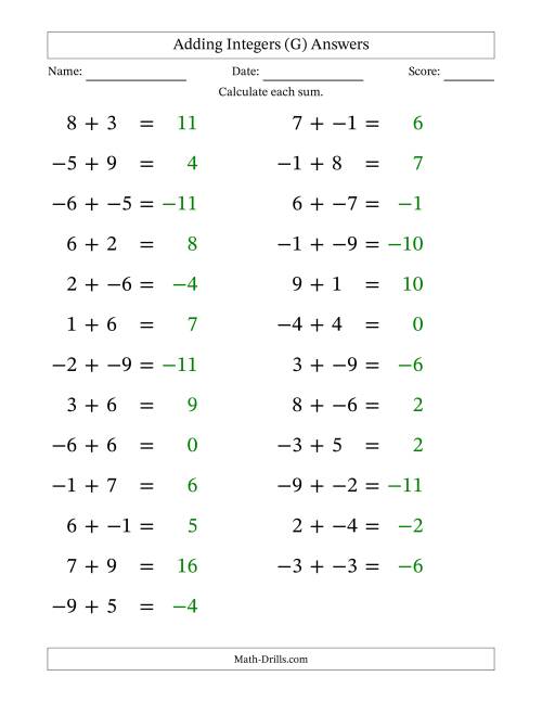 The Adding Mixed Integers from -9 to 9 (25 Questions; Large Print; No Parentheses) (G) Math Worksheet Page 2