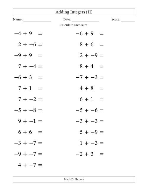The Adding Mixed Integers from -9 to 9 (25 Questions; Large Print; No Parentheses) (H) Math Worksheet