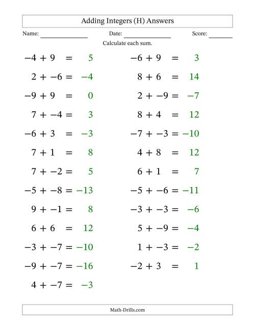 The Adding Mixed Integers from -9 to 9 (25 Questions; Large Print; No Parentheses) (H) Math Worksheet Page 2