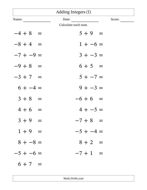 The Adding Mixed Integers from -9 to 9 (25 Questions; Large Print; No Parentheses) (I) Math Worksheet