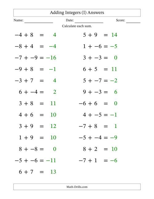 The Adding Mixed Integers from -9 to 9 (25 Questions; Large Print; No Parentheses) (I) Math Worksheet Page 2