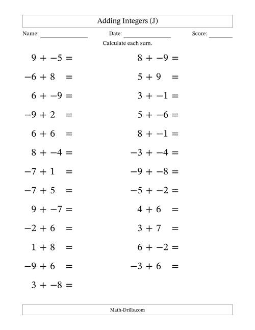 The Adding Mixed Integers from -9 to 9 (25 Questions; Large Print; No Parentheses) (J) Math Worksheet