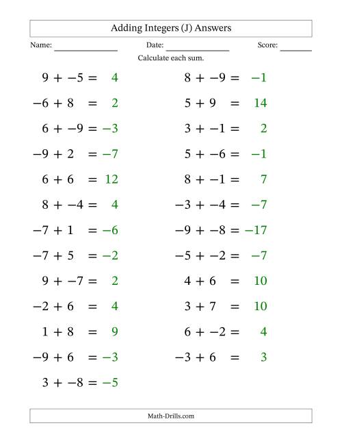 The Adding Mixed Integers from -9 to 9 (25 Questions; Large Print; No Parentheses) (J) Math Worksheet Page 2