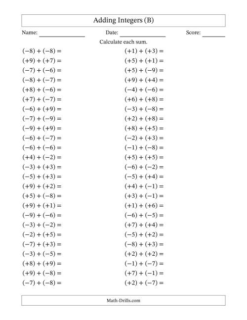 The Adding Mixed Integers from -9 to 9 (50 Questions; All Parentheses) (B) Math Worksheet