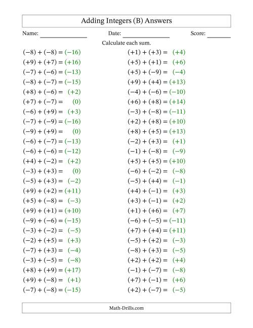 The Adding Mixed Integers from -9 to 9 (50 Questions; All Parentheses) (B) Math Worksheet Page 2