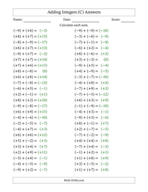 The Adding Mixed Integers from -9 to 9 (50 Questions; All Parentheses) (C) Math Worksheet Page 2