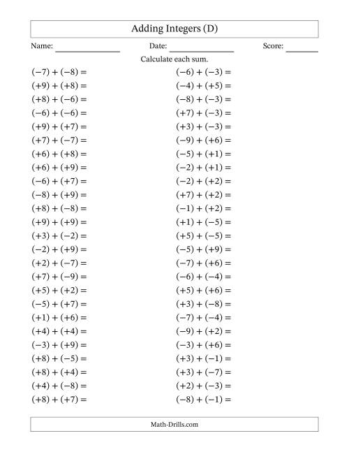 The Adding Mixed Integers from -9 to 9 (50 Questions; All Parentheses) (D) Math Worksheet