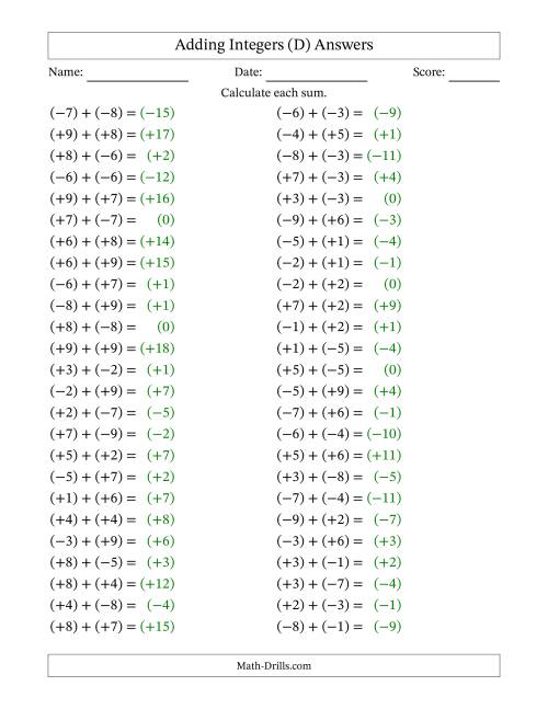 The Adding Mixed Integers from -9 to 9 (50 Questions; All Parentheses) (D) Math Worksheet Page 2