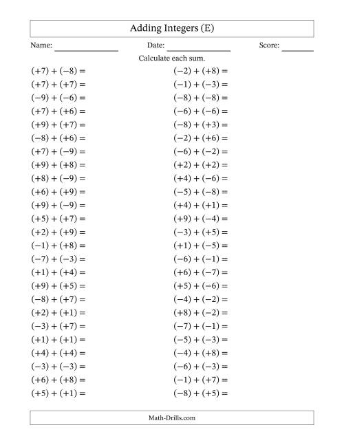 The Adding Mixed Integers from -9 to 9 (50 Questions; All Parentheses) (E) Math Worksheet