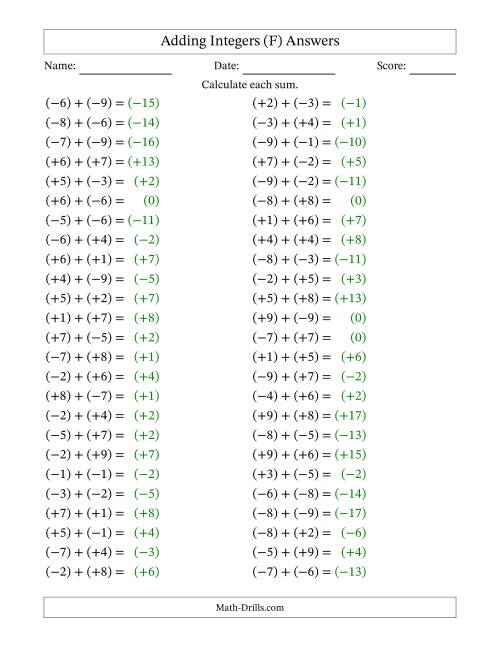 The Adding Mixed Integers from -9 to 9 (50 Questions; All Parentheses) (F) Math Worksheet Page 2