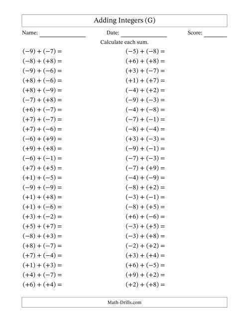 The Adding Mixed Integers from -9 to 9 (50 Questions; All Parentheses) (G) Math Worksheet