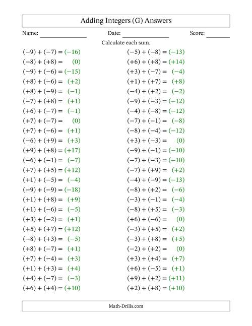 The Adding Mixed Integers from -9 to 9 (50 Questions; All Parentheses) (G) Math Worksheet Page 2