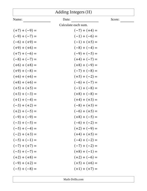 The Adding Mixed Integers from -9 to 9 (50 Questions; All Parentheses) (H) Math Worksheet