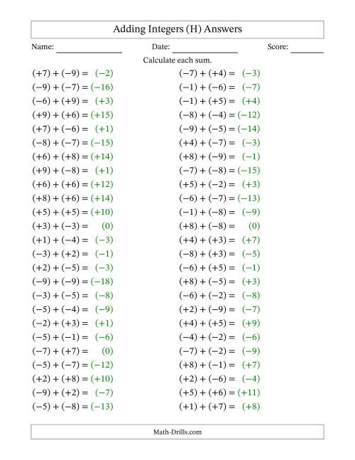 The Adding Mixed Integers from -9 to 9 (50 Questions; All Parentheses) (H) Math Worksheet Page 2