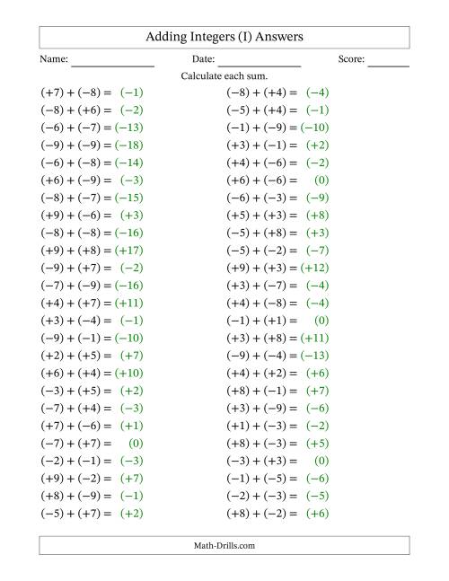The Adding Mixed Integers from -9 to 9 (50 Questions; All Parentheses) (I) Math Worksheet Page 2