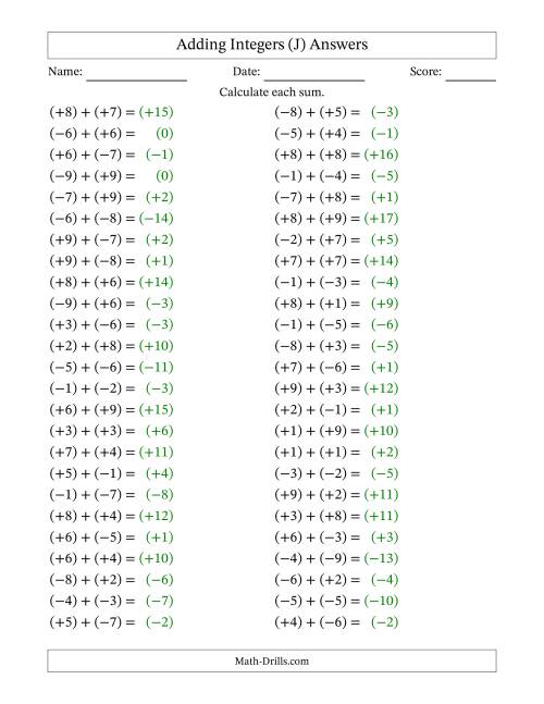 The Adding Mixed Integers from -9 to 9 (50 Questions; All Parentheses) (J) Math Worksheet Page 2