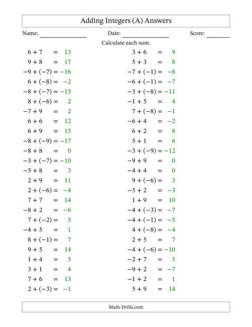 The Adding Mixed Integers from -9 to 9 (50 Questions) (A) Math Worksheet Page 2