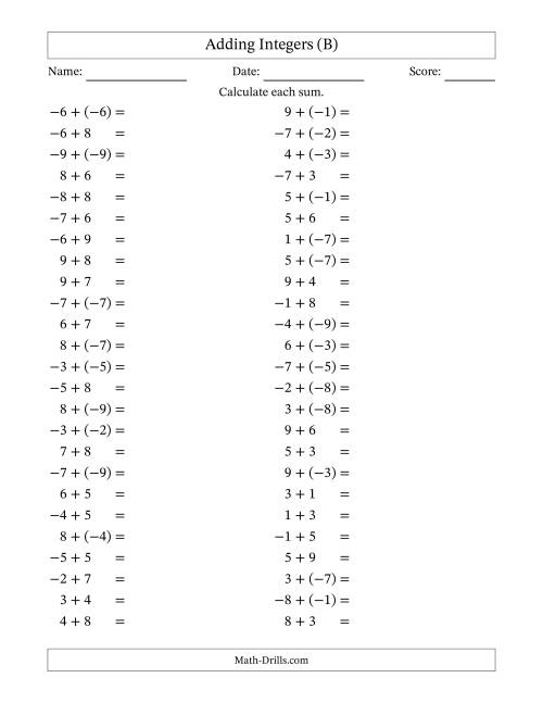 The Adding Mixed Integers from -9 to 9 (50 Questions) (B) Math Worksheet
