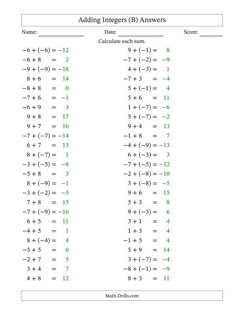 The Adding Mixed Integers from -9 to 9 (50 Questions) (B) Math Worksheet Page 2