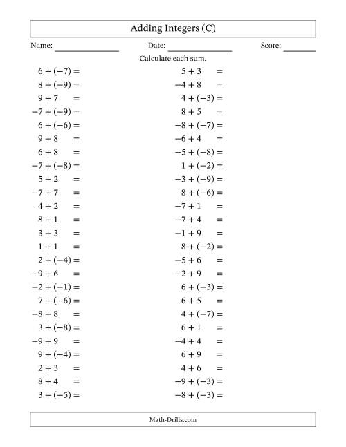 The Adding Mixed Integers from -9 to 9 (50 Questions) (C) Math Worksheet