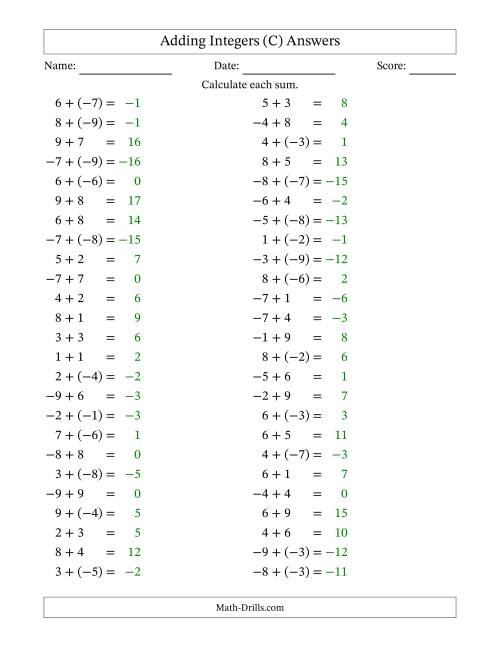 The Adding Mixed Integers from -9 to 9 (50 Questions) (C) Math Worksheet Page 2
