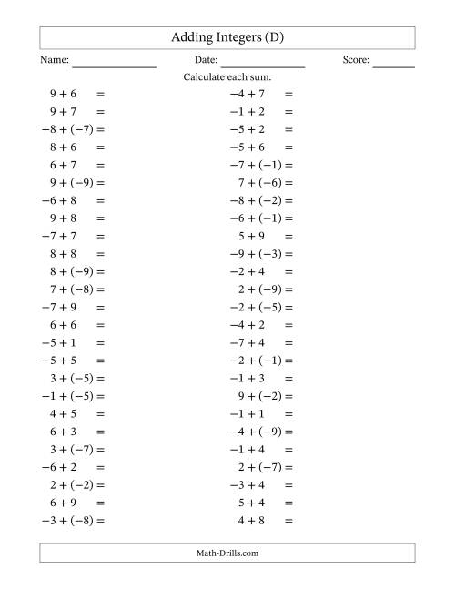 The Adding Mixed Integers from -9 to 9 (50 Questions) (D) Math Worksheet