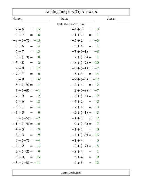 The Adding Mixed Integers from -9 to 9 (50 Questions) (D) Math Worksheet Page 2