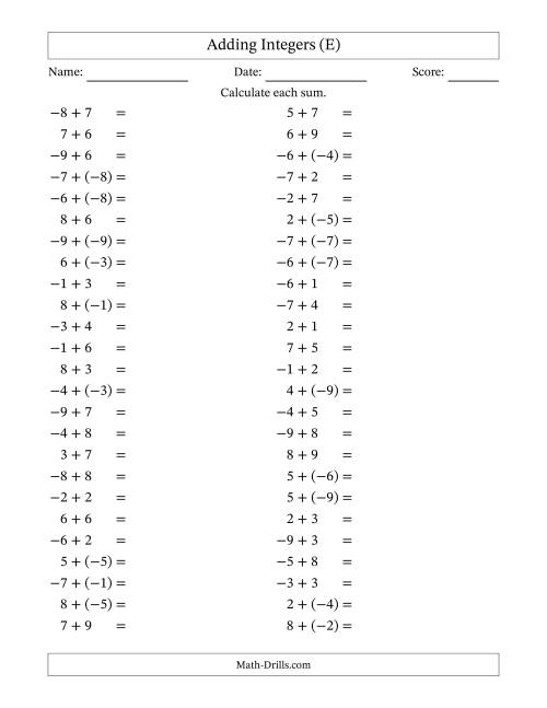 The Adding Mixed Integers from -9 to 9 (50 Questions) (E) Math Worksheet