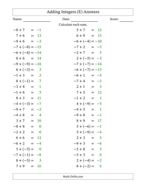 The Adding Mixed Integers from -9 to 9 (50 Questions) (E) Math Worksheet Page 2