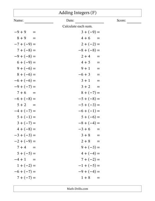 The Adding Mixed Integers from -9 to 9 (50 Questions) (F) Math Worksheet