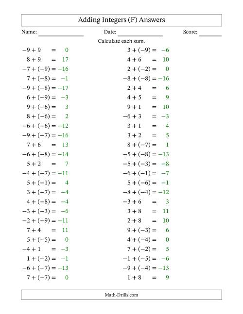 The Adding Mixed Integers from -9 to 9 (50 Questions) (F) Math Worksheet Page 2