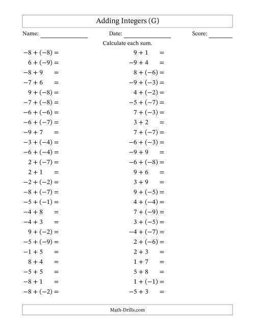 The Adding Mixed Integers from -9 to 9 (50 Questions) (G) Math Worksheet