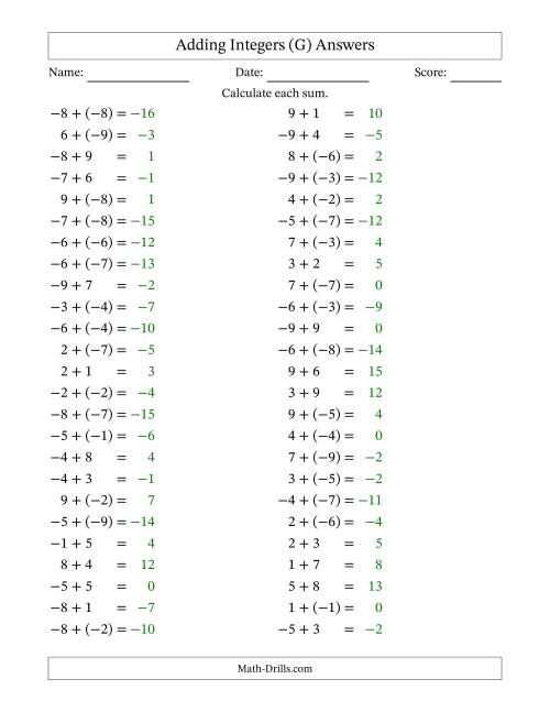 The Adding Mixed Integers from -9 to 9 (50 Questions) (G) Math Worksheet Page 2