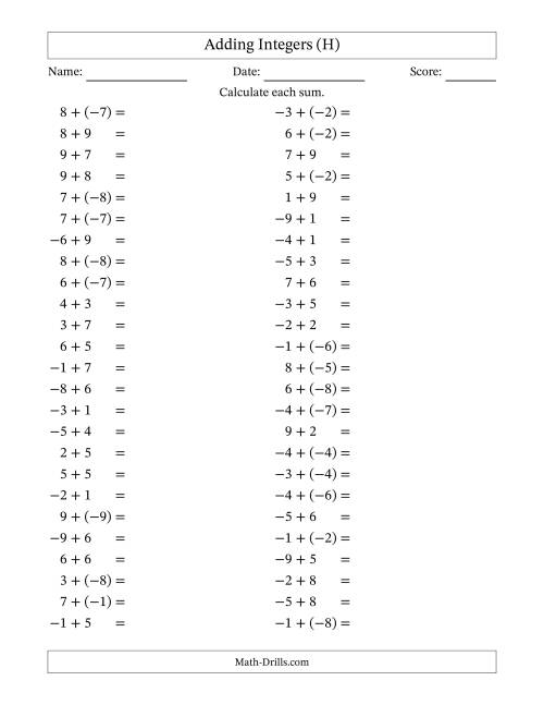 The Adding Mixed Integers from -9 to 9 (50 Questions) (H) Math Worksheet