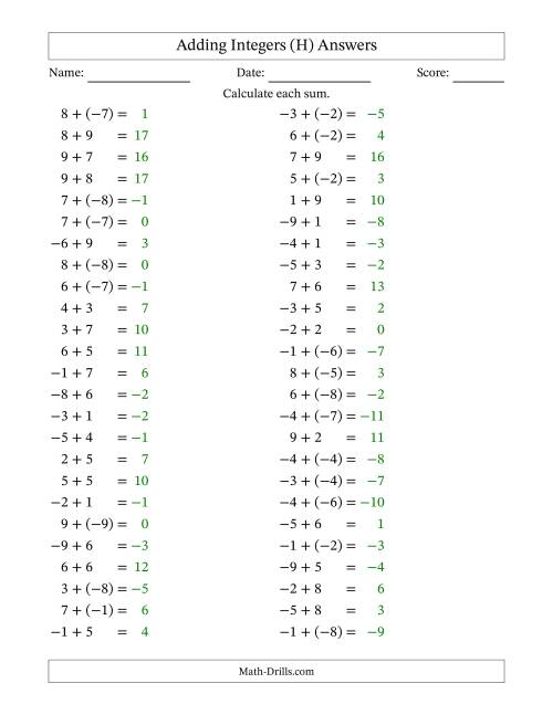 The Adding Mixed Integers from -9 to 9 (50 Questions) (H) Math Worksheet Page 2