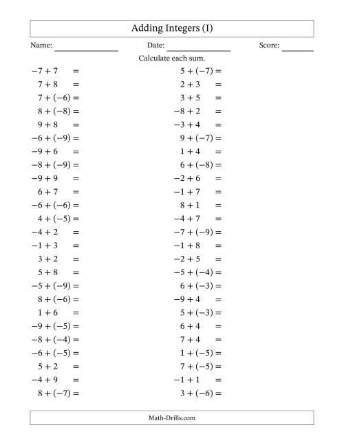 The Adding Mixed Integers from -9 to 9 (50 Questions) (I) Math Worksheet