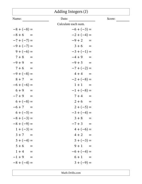 The Adding Mixed Integers from -9 to 9 (50 Questions) (J) Math Worksheet