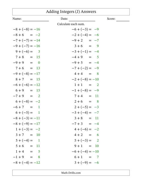 The Adding Mixed Integers from -9 to 9 (50 Questions) (J) Math Worksheet Page 2
