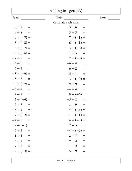 The Adding Mixed Integers from -9 to 9 (50 Questions) (All) Math Worksheet