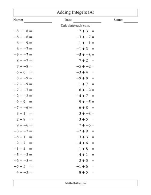 The Adding Mixed Integers from -9 to 9 (50 Questions; No Parentheses) (A) Math Worksheet