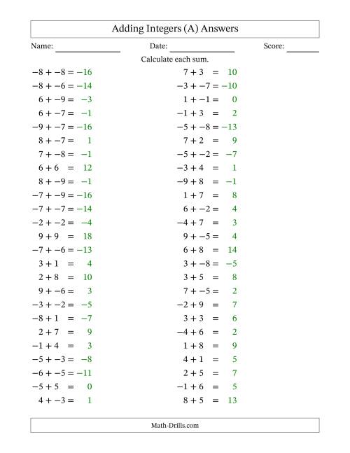 The Adding Mixed Integers from -9 to 9 (50 Questions; No Parentheses) (A) Math Worksheet Page 2