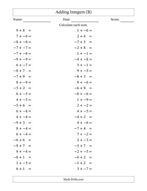 The Adding Mixed Integers from -9 to 9 (50 Questions; No Parentheses) (B) Math Worksheet