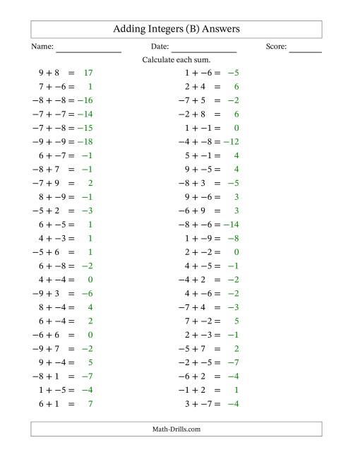 The Adding Mixed Integers from -9 to 9 (50 Questions; No Parentheses) (B) Math Worksheet Page 2
