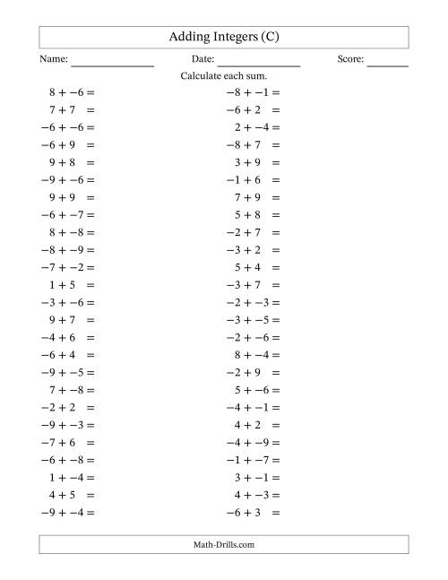 The Adding Mixed Integers from -9 to 9 (50 Questions; No Parentheses) (C) Math Worksheet