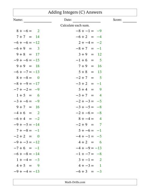 The Adding Mixed Integers from -9 to 9 (50 Questions; No Parentheses) (C) Math Worksheet Page 2