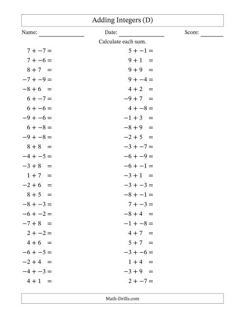 The Adding Mixed Integers from -9 to 9 (50 Questions; No Parentheses) (D) Math Worksheet