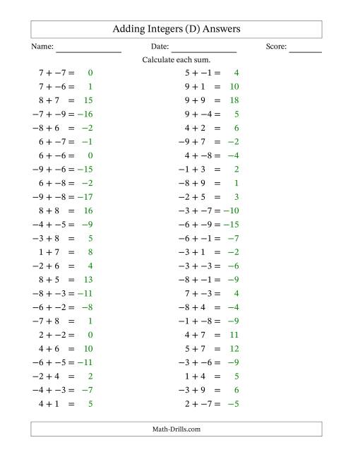 The Adding Mixed Integers from -9 to 9 (50 Questions; No Parentheses) (D) Math Worksheet Page 2