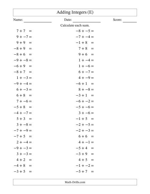 The Adding Mixed Integers from -9 to 9 (50 Questions; No Parentheses) (E) Math Worksheet