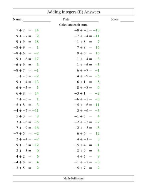 The Adding Mixed Integers from -9 to 9 (50 Questions; No Parentheses) (E) Math Worksheet Page 2
