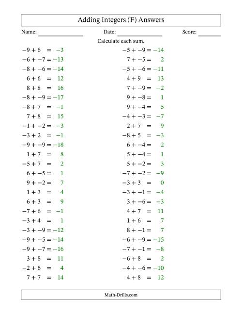 The Adding Mixed Integers from -9 to 9 (50 Questions; No Parentheses) (F) Math Worksheet Page 2